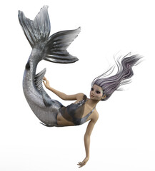 3d illustration of a beautiful silver elegant mermaid floating and relaxed with silver hair and shell decorations on her face
