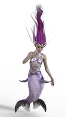 Fototapeta premium 3d illustration of a mermaid in the ocean with purple flowing hair and a crown of shells. Posing and looking into the depths of the ocean.