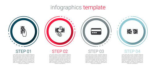 Set Fast payments, Stacks paper money cash, Credit card and Tearing banknote. Business infographic template. Vector
