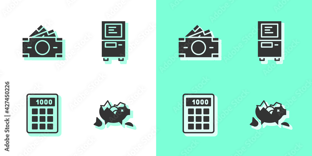 Sticker Set Broken piggy bank, Stacks paper money cash, Calculator and ATM icon. Vector