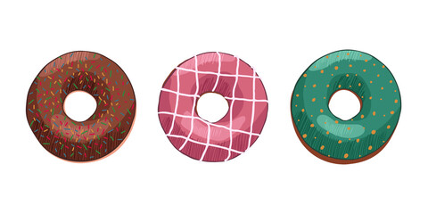 Donuts Set Isolated on White. Different type of donuts: with chocolate, pink with stripes, with glaze and colored splashes and sprinkled  cookie