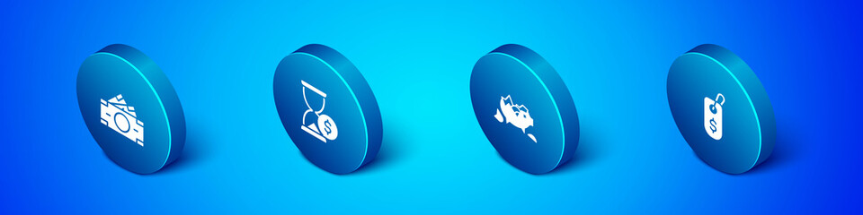 Set Isometric Stacks paper money cash, Broken piggy bank, Price tag with dollar and Hourglass icon. Vector