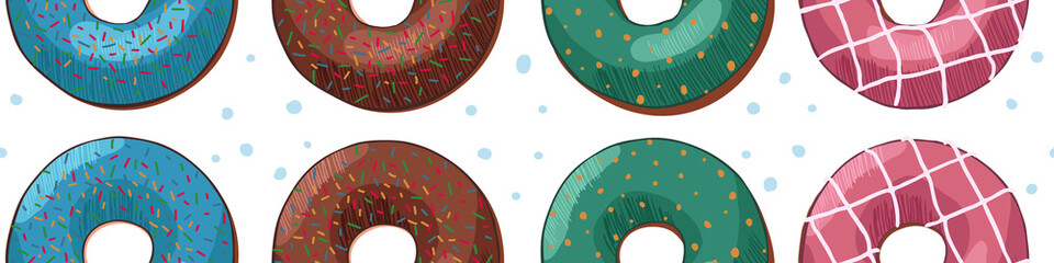 Donuts. Doughnuts in colorful glaze, kids sweets assorted, pastry for menu design, cafe decoration and delivery box glazed cover vector banner