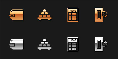 Set Wallet, Gold bars, Calculator and Inserting coin icon. Vector