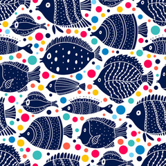 Naklejka premium Cute fish and polka dots. Kids background. Seamless pattern. Can be used in textile industry, paper, background, scrapbooking.