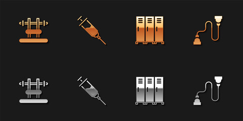 Set Bench with barbel, Doping syringe, Locker or changing room and Chest expander icon. Vector