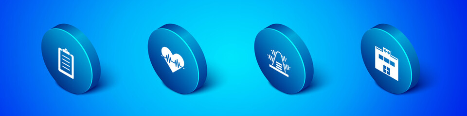 Set Isometric Sport training program, Metal rack with weights, Gym building and Heart rate icon. Vector