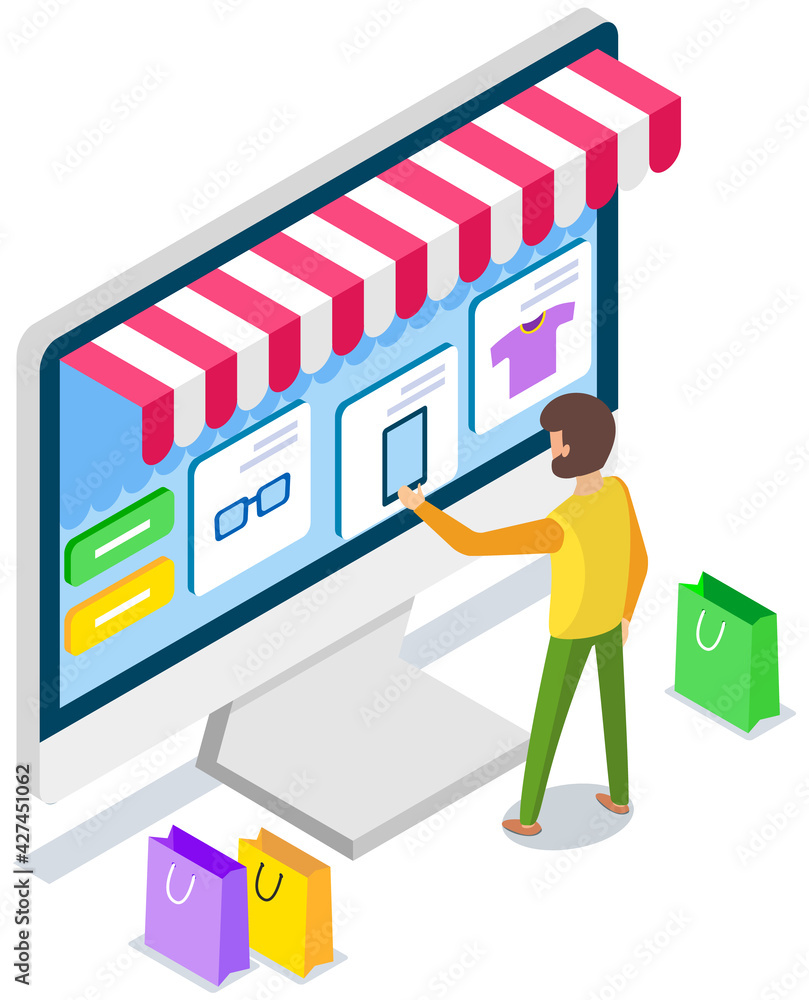 Poster man using application for buying and ordering goods via internet. monitor with sales website