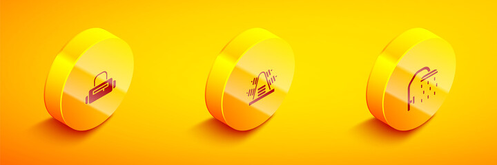 Set Isometric Sport bag, Metal rack with weights and Shower head icon. Vector