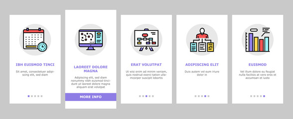 Planning Work Process Onboarding Mobile App Page Screen Vector. Planning Business Project And Optimization, Plan And Infographic, Notebook And Agreement Illustrations