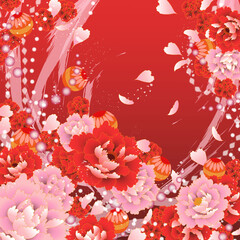 着物柄_peony & ball_red