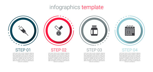 Set Doping syringe, Medal, Sports nutrition and Calendar fitness. Business infographic template. Vector