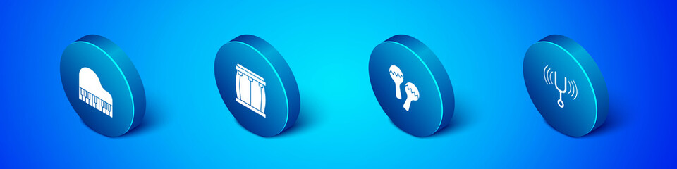 Set Isometric Grand piano, Maracas, Musical tuning fork and Drum icon. Vector