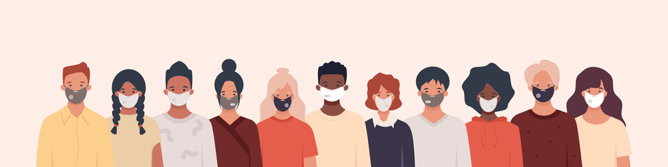 Group of people with different nationalities wearing medical masks to prevent disease, flu, air pollution, contaminated air, world pollution. Vector illustration in a flat style
