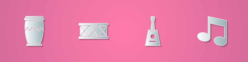 Set paper cut Drum, , Balalaika and Music note, tone icon. Paper art style. Vector
