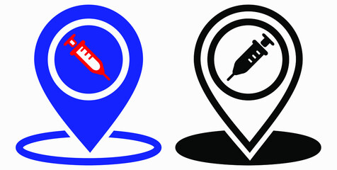Syringe and location icon. Vaccination sign. The location of the hospital. Vector icon.