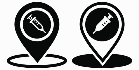 Syringe and location icon. Vaccination sign. The location of the hospital. Vector icon.