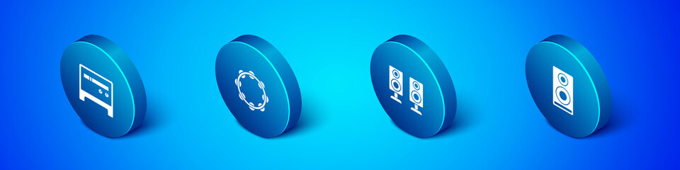 Set Isometric Guitar amplifier, Stereo speaker, and Tambourine icon. Vector