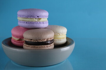 Macaroons lavender vanilla chocolate coffee pink on a gray plate on a blue background with a place to insert the text of the copyspace view from the side