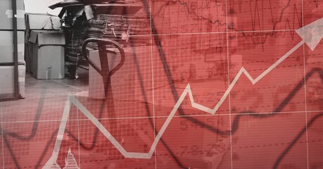 Financial data and statistics graphs processing over warehouse, finance and delivery concept