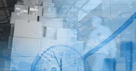 Obraz premium Clock face over warehouse and delivery packages background, delivery and time concept