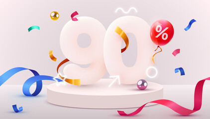 90 percent Off. Discount creative composition. 3d sale symbol with decorative objects, heart shaped balloons, golden confetti, podium and gift box. Sale banner and poster.