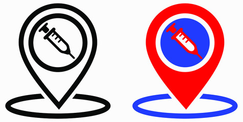 Syringe and location icon. Vaccination sign. The location of the hospital. Vector icon.