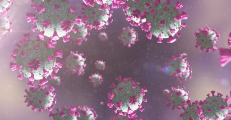 Coronavirus cells floating over pink and black background, covid-19 and pandemic concept