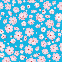 Fototapeta na wymiar Blooming cherry sakura. Seamless vector gradient floral pattern on sky blue background.