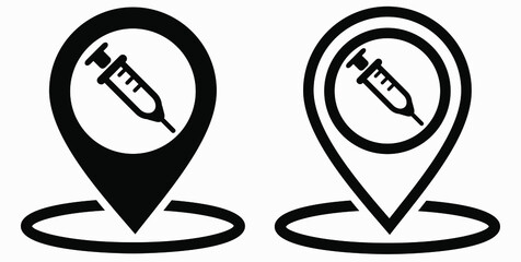 Syringe and location icon. Vaccination sign. The location of the hospital. Vector icon.