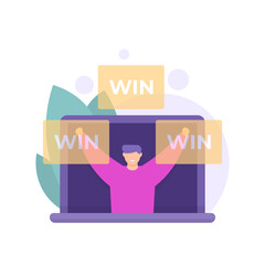 the concept of a winner, virtual competition, win at internet events. illustration of a man winning a lottery or online quiz. flat style. vector design