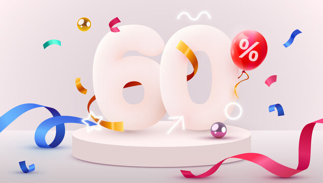 60 percent Off. Discount creative composition. 3d sale symbol with decorative objects, heart shaped balloons, golden confetti, podium and gift box. Sale banner and poster.