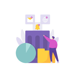 the concept of freeing up memory space. illustration of man deleting or throwing trash files in a trash can. memory boosting. clear cache. flat style. flat design