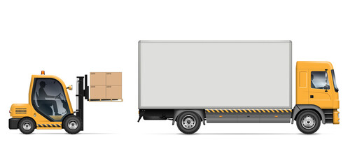 Forklift loading boxes into delivery truck side view vector illustration. Warehouse and storage equipment. Logistic and shipping cargo.