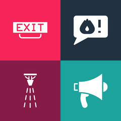 Set pop art Megaphone, Fire sprinkler, Telephone call 911 and exit icon. Vector