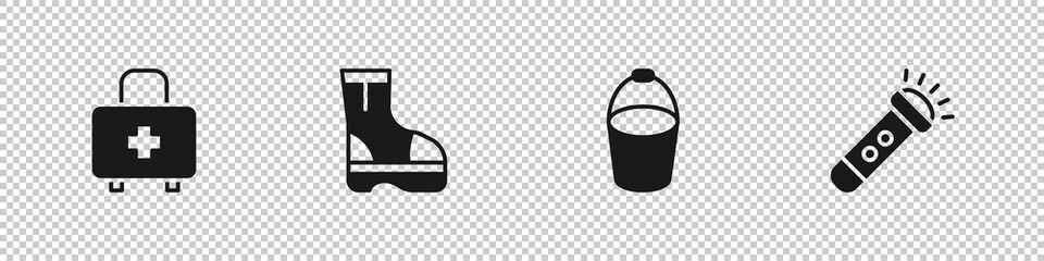 Set First aid kit, Fire boots, bucket and Flashlight icon. Vector