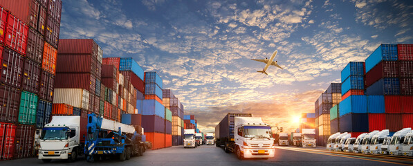 Container truck in ship port for business Logistics and transportation of Container Cargo ship and...