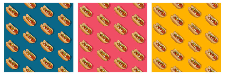 Hot dog seamless pattern. Trendy, cartoon, modern, contemporary style. Set of three illustratrations. Background, Wallpaper, Textile