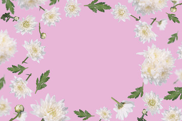 Obraz na płótnie Canvas Beautiful spring or summer layout with flying white flowers and leaves on pastel pink background, trendy floral frame