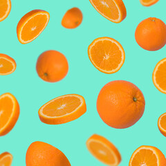 Minimal idea with fresh orange sliced on trendy green background. Minimal fruit concept.