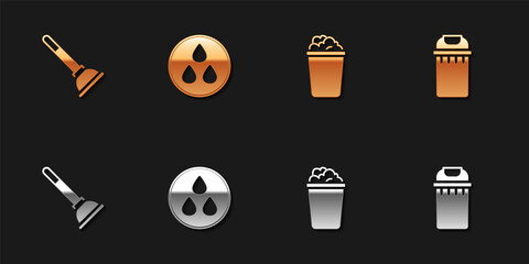 Set Rubber plunger, Water drop, Bucket with soap suds and Trash can icon. Vector