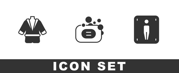 Set Bathrobe, Bar of soap and Male toilet icon. Vector