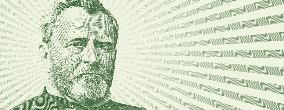 Ulysses S. Grant cut on 50 dollars banknote isolated on green burst background