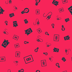 Set Electrical outlet, Light bulb with leaf, Recycle bin recycle and plug on seamless pattern. Vector