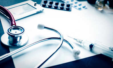 Drug prescription for treatment medication. Pharmaceutical medicament, cure in container for health