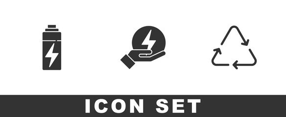 Set Battery, Lightning bolt and Recycle symbol icon. Vector