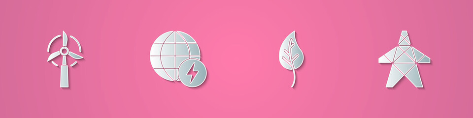 Set paper cut Wind turbine, Global energy power planet, Leaf or leaves and Electric tower icon. Paper art style. Vector