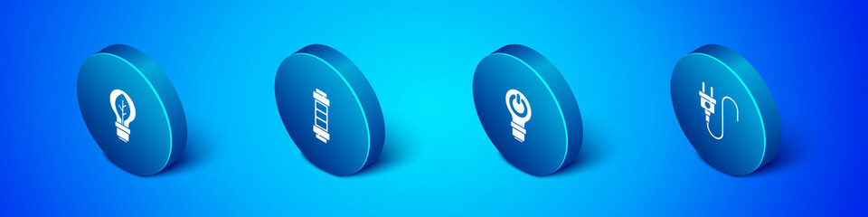 Set Isometric Light bulb with leaf, lightning, Electric plug and Battery icon. Vector