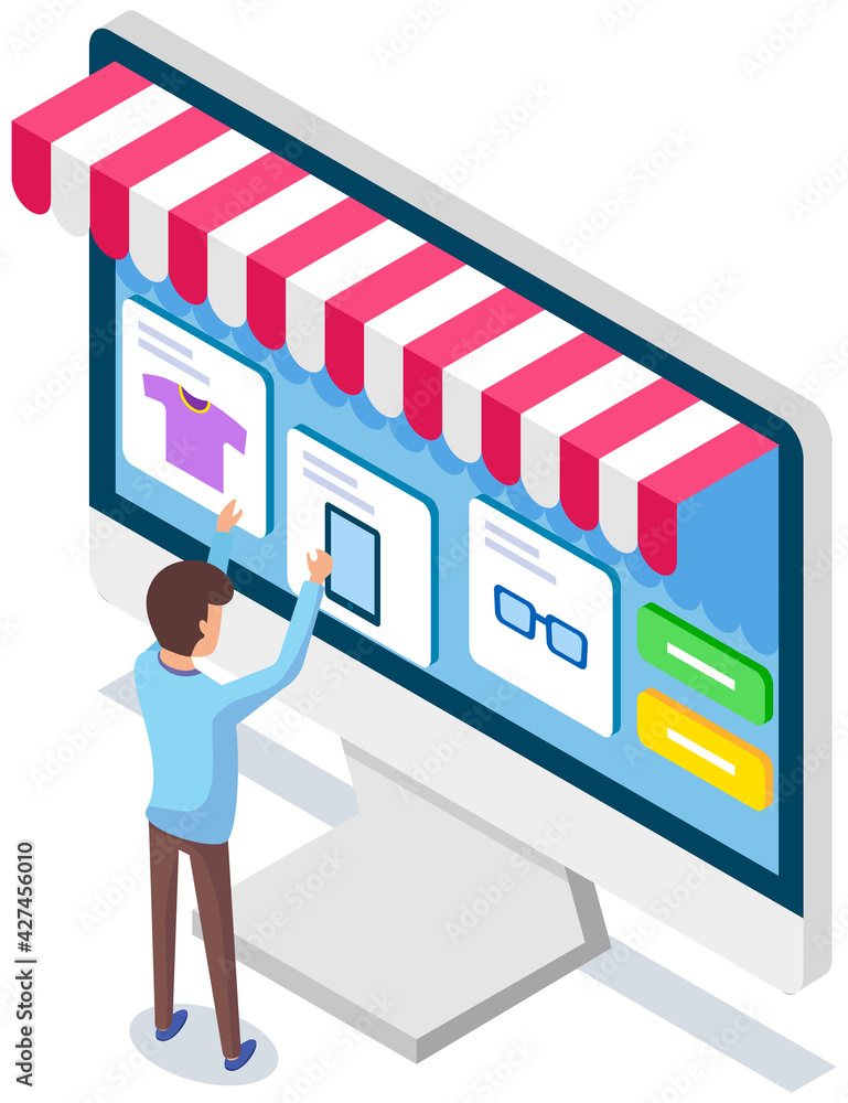 Poster man using application for buying and ordering goods via internet. monitor with sales website