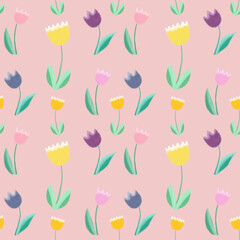 Seamless pattern, tulips on a light background, pastel, paper texture.